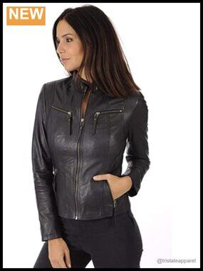 Real Lambskin Leather Jacket Women Moto Biker YKK Zipper